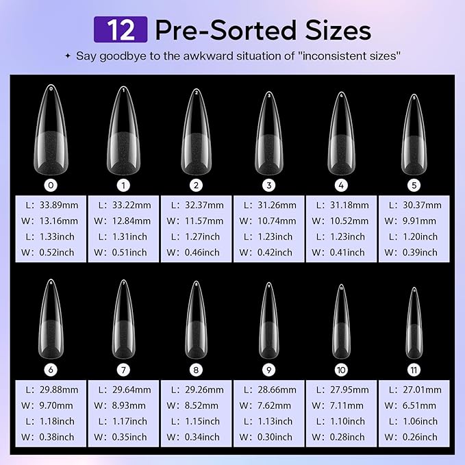 Stiletto Nails Press On Tips - 312pcs Gel Fake Nails Full Cover Extension Pre-Shape Pointed Long DIY 12 Sizes