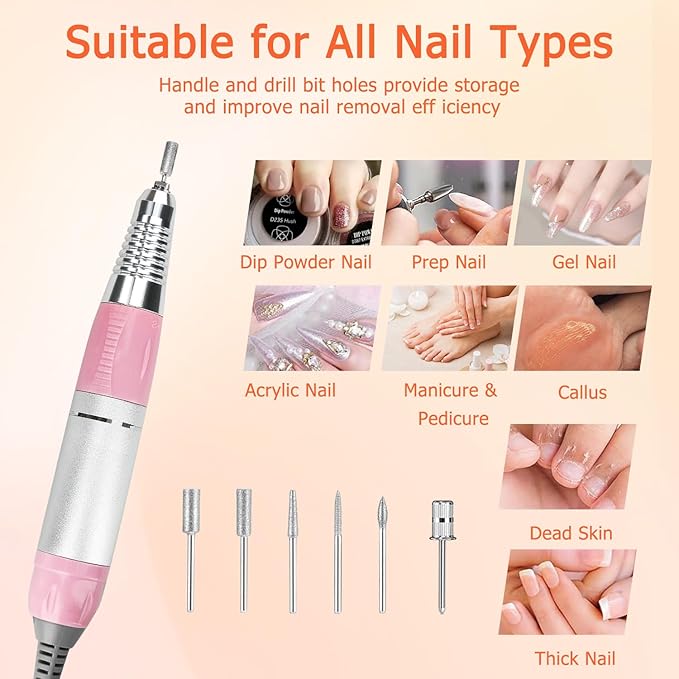 30000rpm Electric Nail Drill Professional Electric Nail File Efile Set for Acrylic, Gel Nails, Manicure Pedicure Polishing Shape Tools Nail Polisher with 6 Nail Drill Bits & Bands