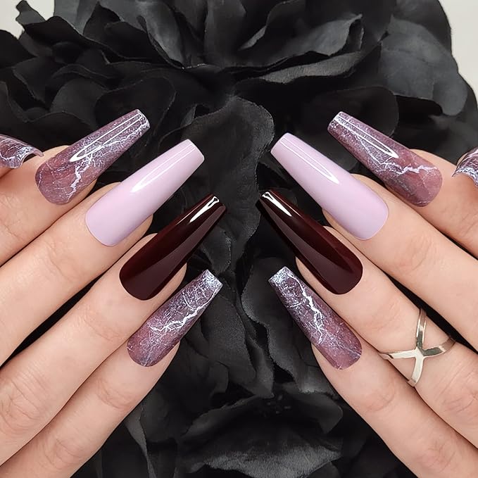 Hypnaughty 24 Pcs Bordeaux Marble Extra Long Coffin Press On Nails and Glue with Light Pink and Solid Bordeaux Reusable XL False Nails (Bordeaux Marble)