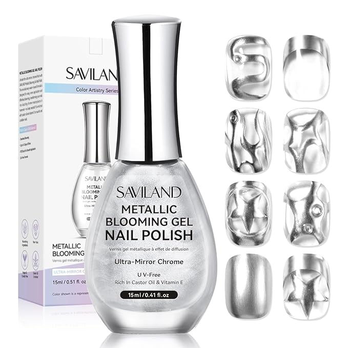 SAVILAND Silver Metallic Nail Polish: 15ml Chrome Nail Polish No UV Lamp Needed Mirror Gel Nails Polish Metal Blooming Gel Polish Air Quick Dry Spreading Effect Nails Art Design