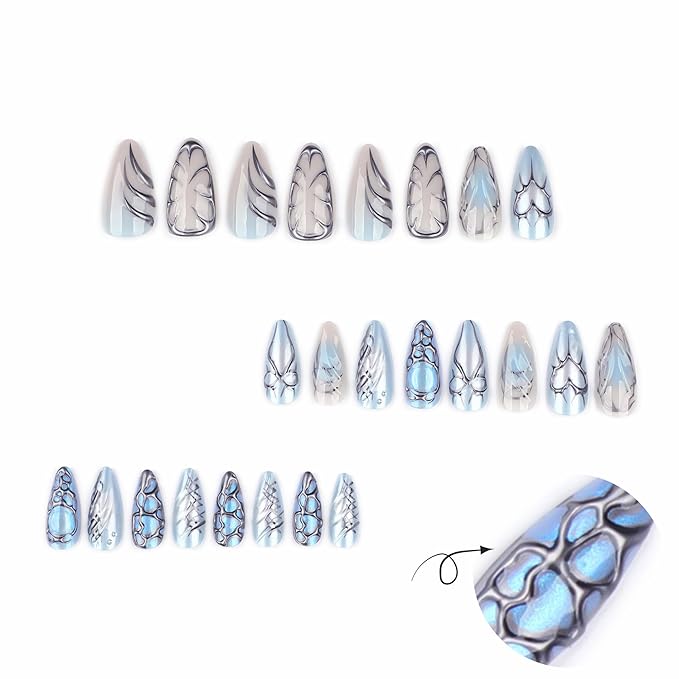 Press on Nails Almond - Blue Fake Nails with Bow Heart Desgin - Y2k, Medium False Nails Press ons - for Women 24 Pcs