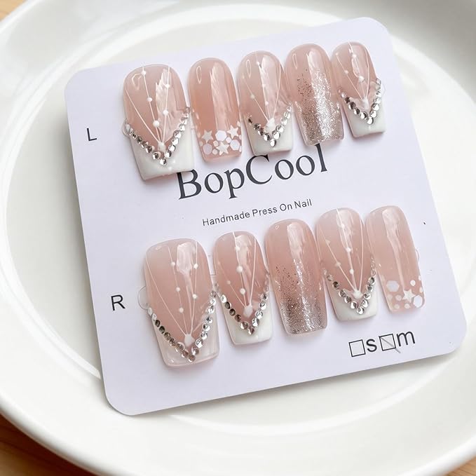 Luxury Handmade Press-on Nail Art – 3D Rhinestone Silver Glitter False Nails，Nude Gradient French Acrylic Nails， Reusable Self-Adhesive White Fake Nails.(S-10PCS)