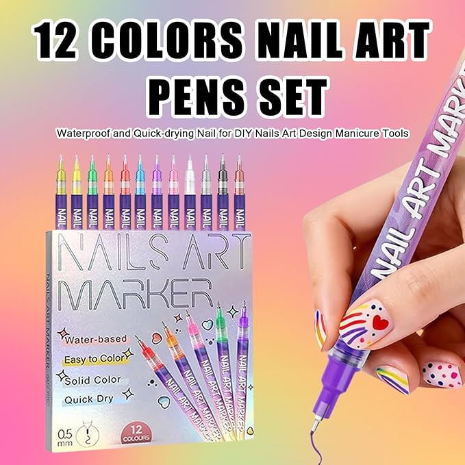 12 Colors Nail Art Pens Set, 0.5mm Fine Tip Nail Polish Pens, Quick-Dry Waterproof Nail Art Markers for DIY Nail Design, Dotting & Liner Manicure Tools