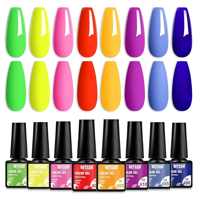 MTSSII Neon Gel Nail Polish Set, 8 Colors Hot Pink Yellow Green Blue Red Purple Spring Summer Fluorescent Gel Polish Set for Home DIY Manicure Nail Salon