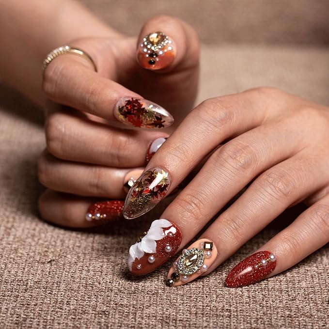 LOVFUL Press on Nails Golden Cascade | Handmade with Full Covered Crystals | Reusable Fake Nails | Almond Regular 1.0 in | H343-L