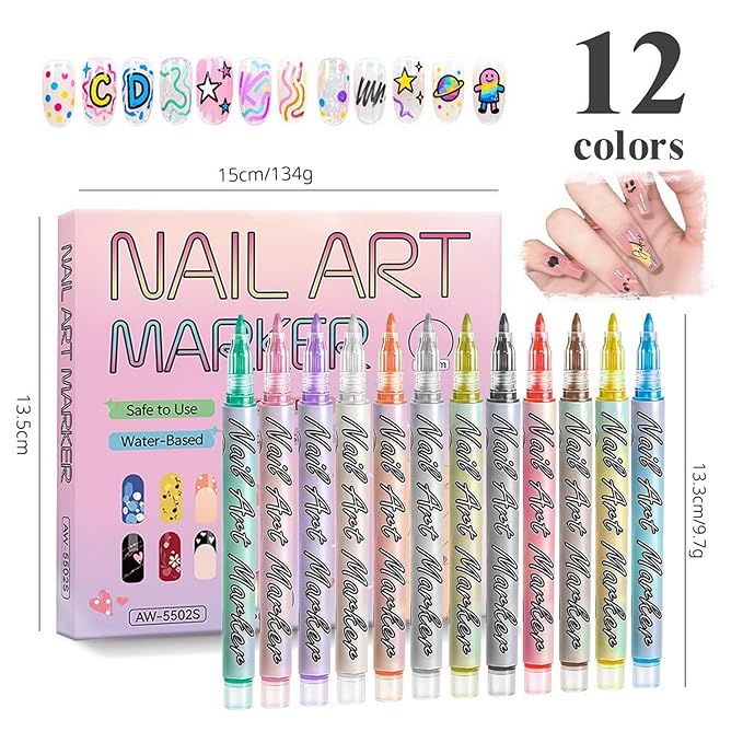 OCOUYVD 12 Colors Nail Art Pens Set 0.7mm Nail Art Markers Polish Pen Drawing Liner Painting Pens Kit for Nails Art DIY Painted Graffiti Nails Pen Quick-Dry Acrylic Paint Nails for Art Manicure Tool