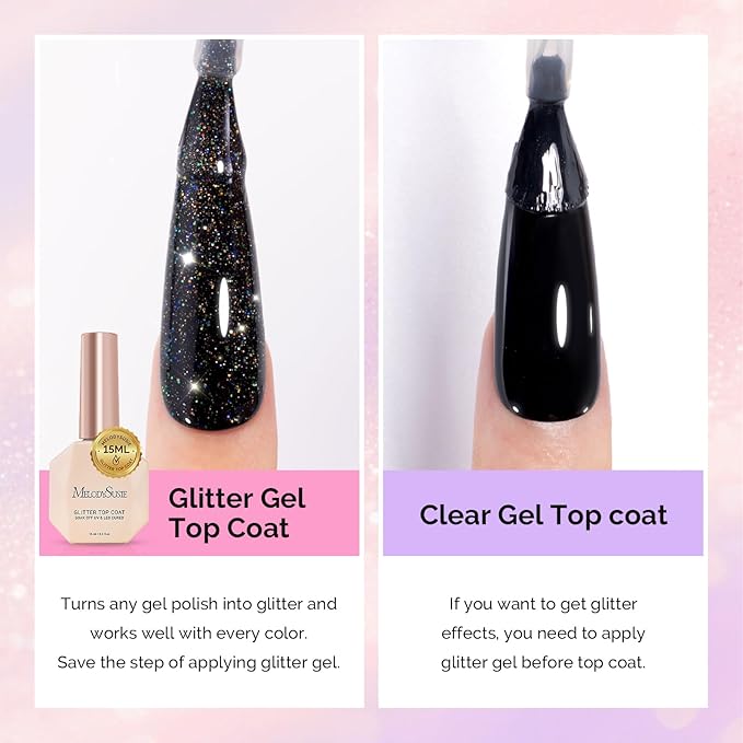 MelodySusie Glitter Gel Top Coat- No Wipe Reflective Iridescent Glitter Top Coat, High Gloss Shine Finish Long Lasting Top Gel Nail Decoration for Home DIY and Nail Salon Gift for Women 0.5fl oz