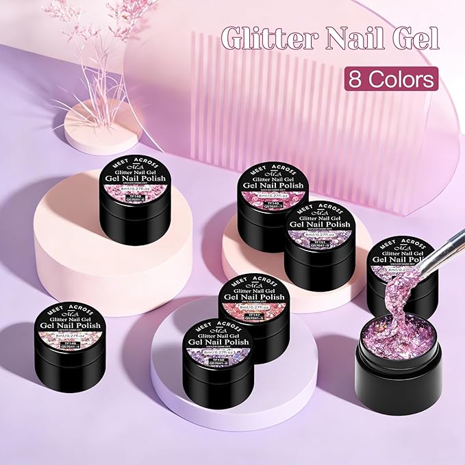 MEET ACROSS 9Pcs Glitter Sequins Gel Nail Polish Sparkly Shiny Pink Purple Gel Polish Set with 1Pc Nail Brush Nail Gel Nail Art Manicure Salon Kit 8 Colors