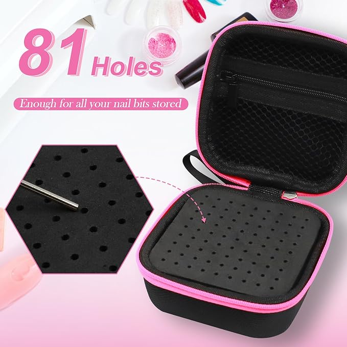81 Holes Nail Drill Bit Holder (ONLY CASE),Dustproof Portable Organizer Storage Bag with Large Mesh Pocket & High Density Foam to Avoid Slipping & Scratches, Nail Bits Professional Manicure Tools,Pink