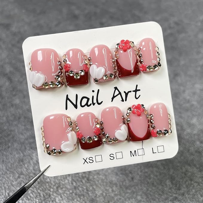 Luxury Press on Nails Short Square Handmade 3D Unique Reusable ABS Material Fake Nails French Tip False Nails with Designs Flower Rhinestones Red Glossy Glue on Nail Thick Acrylic Nail(M)