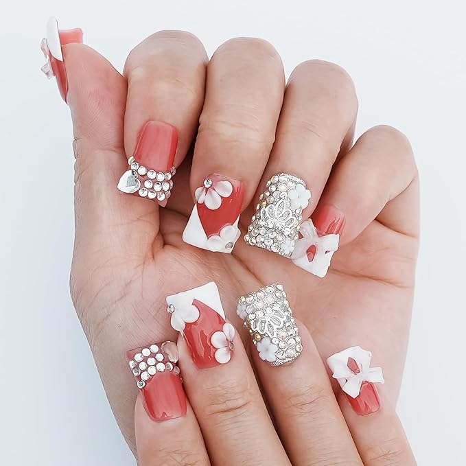 Handmade Press on Nails Short Duck 3D White French Tip with V Design 3D Bow Flower Rhinestones Charms Nude Base Elegant Sturdy Art Pink 10 Pcs False Nails Set (Soft Pink Ivory Bow,L)