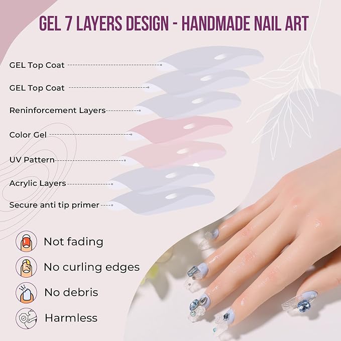 Fake Nails Set Blue Long Square Bling Glossy 3D Flower Rhinestone False Nail Tips, Press On Nails, Artificial Art Nails Finger Manicure for Women and Girls(CDJ0001-L)