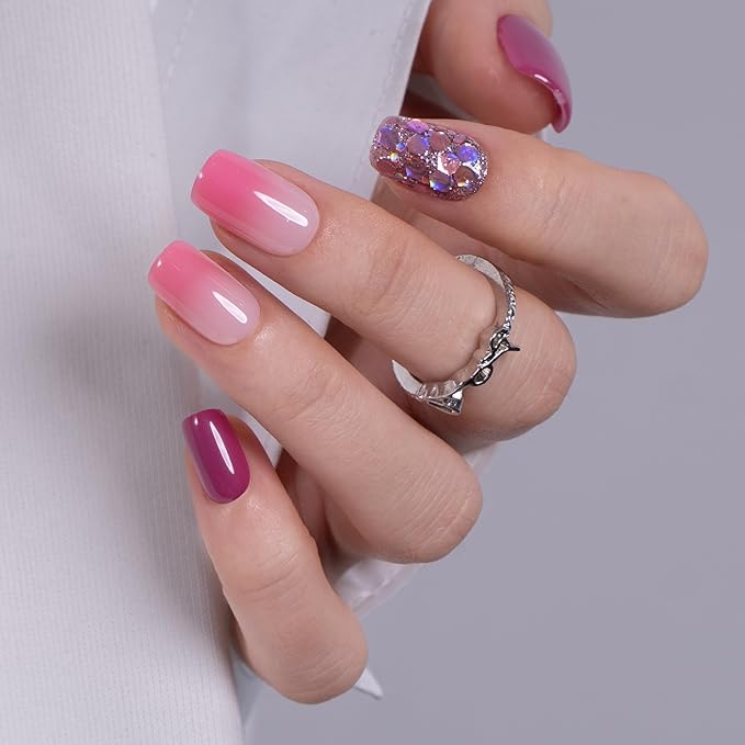 CurvLife Soft Gel Press On Nails Square, Long-Lasting 30Pcs Reusable Stick On Fake Nails Kit with Glue Tabs, Glossy Salon-Style Manicure for Women Teens Beginners, At-Home (Rose Mirage)