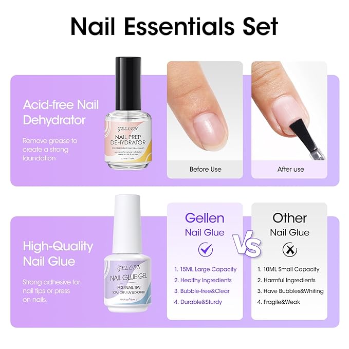 Gellen Gel Nail Glue and Nail Dehydrator, 15ml Nail Gel Glue for False Nail Tips and Clear Press on Nails, Acid Free Nail Prep Dehydrator, Soak Off UV Led Lamp Needed Strong Adhesive Nail Gel