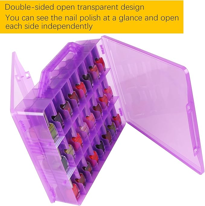 Universal Nail Polish Holder Gel Nail Polish Organizer Case for 48 Bottles Adjustable Dividers Space Saver,Double Sided Storage for Nail Bottles Mini Cars Threads Essential Oils (Purple)