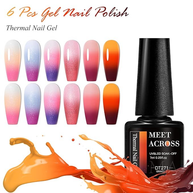 MEET ACROSS 8Pcs Glitter Color Changing Gel Nail Polish Set Pink Amber Color Changing Gel Polish Temperature Change Gel Polish Kit Manicure Gift 6 Colors