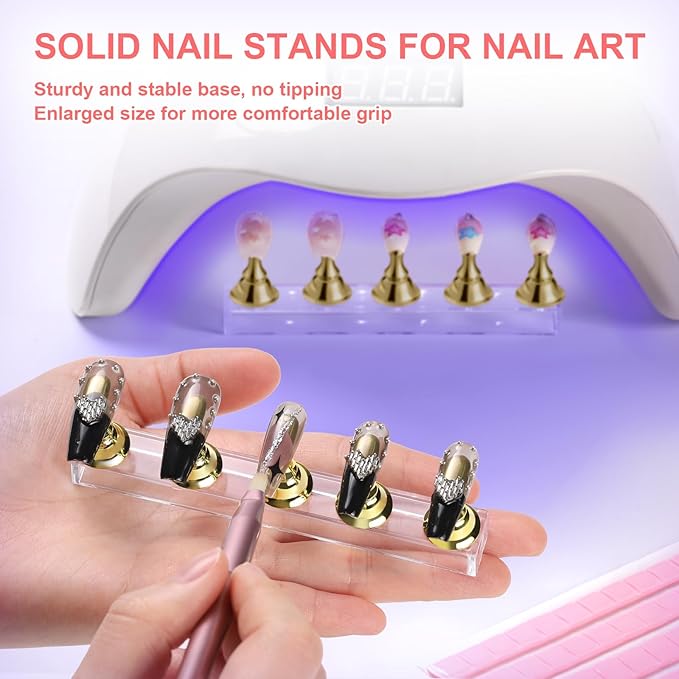Etercycle Nail Stand Press On Nail Stand Nail Holder for Painting Nails Magnetic Nail Tips Practice Stands with 80Pcs Reusable Putty (Gold)