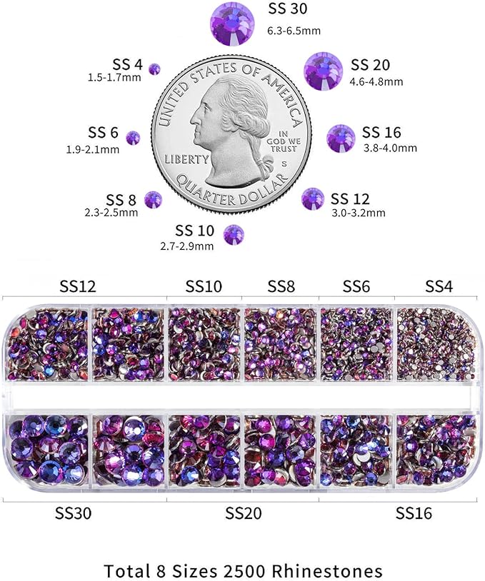 Beadsland Rhinestones for Makeup,8 Sizes 2500pcs Purple Flatback Rhinestones Eye Gems for Nails Crafts with Tweezers and Wax Pencil,Purple Velvet,SS4-SS30