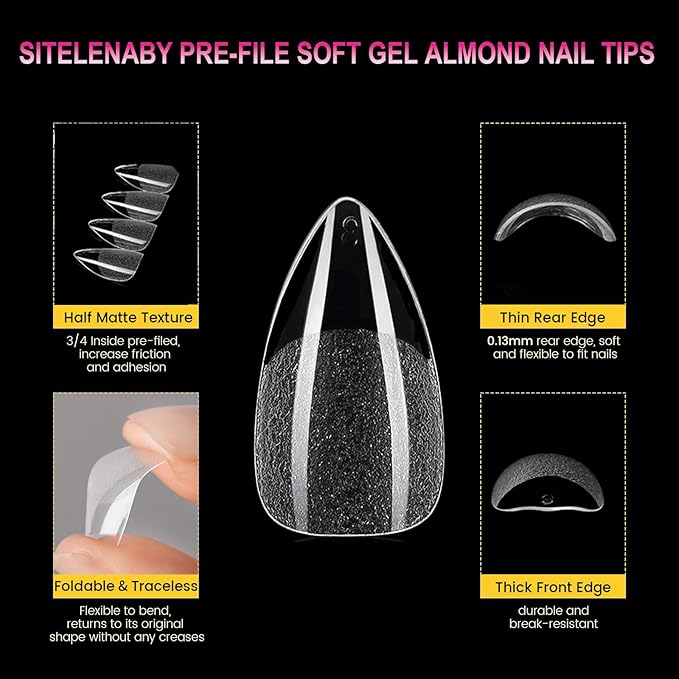 Almond Nail Tips:Full Cover Almond Press On Nails,Soft Gel Nail Tips X Half Matte False Nail Tips Pre-shaped Short Nails Tips12 Sizes300pcs,Clear Gelly Tips for Home Salon Daily Nail Art