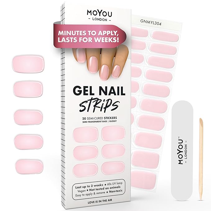 MOYOU LONDON Semi Cured Gel Nail Strips - 20 Pcs. Waterproof Gel Nail Wraps, Cures in Sunlight or UV/LED Lamp, Lasts Up to 2+ Weeks, Stretchable, Easy to Apply & Remove, Vegan & Cruelty-Free