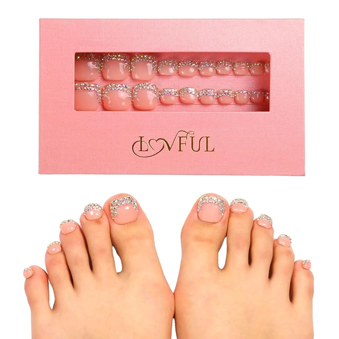 LOVFUL Handmade Acrylic Press on Toenails Nude French Tip Rhinestone | Salon Quality 20 PCS Free Size Toe Nails | Reusable Fake Nails for Toe | T48