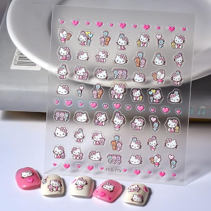 Pink Nail Stickers 5D 3D Embossed Kawaii Japanese Nail Art Sticker Decals for Women Girls Kids DIY Self Adhesive Nail Stickers Cute Pink Nail Decoration for Manicure Design