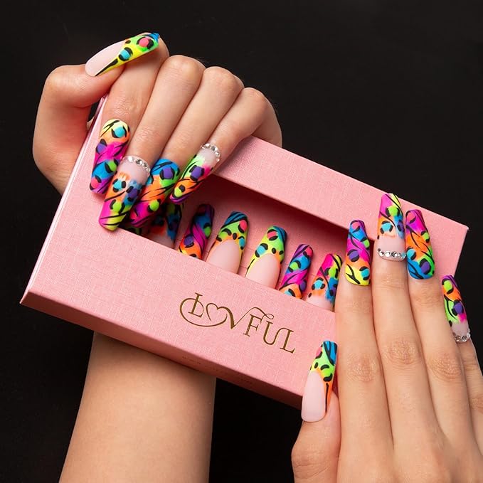 LOVFUL Press on Nails Illusion | Handmade with Full Covered Crystals | Reusable Fake Nails | Coffin Classic Regular 1.3 in | H123-L