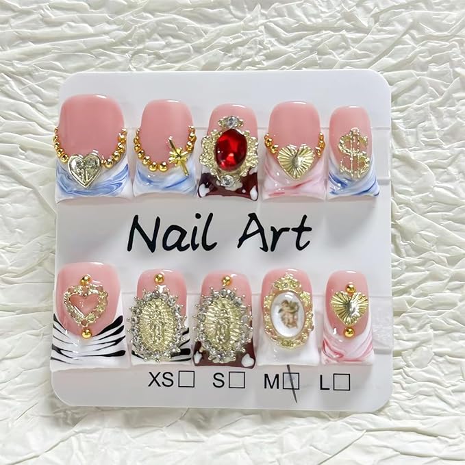 10 Pcs Duck Press on Nails Medium Fake Nails Sea Waves Pink French Tip Handmade False Nails with Glue, with 3D Golden Heart Design Artificial Acrylic Stick on Nails for Women（M）