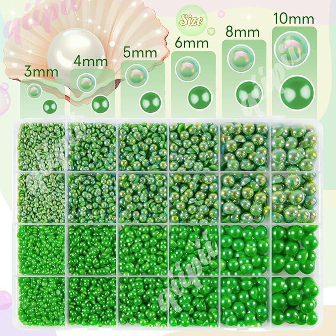 2 Styles Solid Green+ Emerald Green AB Flatback Pearls for Bedazzling Crafting 3mm-10mm Dark Green Half Round Beads Gems Bedazzler Kit for Nails Face Eyes Makeup Tumblers Bottles Crafts Shoes﻿