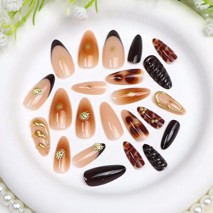 French Tips Press on Nails Medium Almond Fake Nails with Chrome 3D Star Gold Pearl Designs Brown Gradient Nude Glossy Acrylic Nail Fall Winter Stick on Nail for Women 24 Pcs