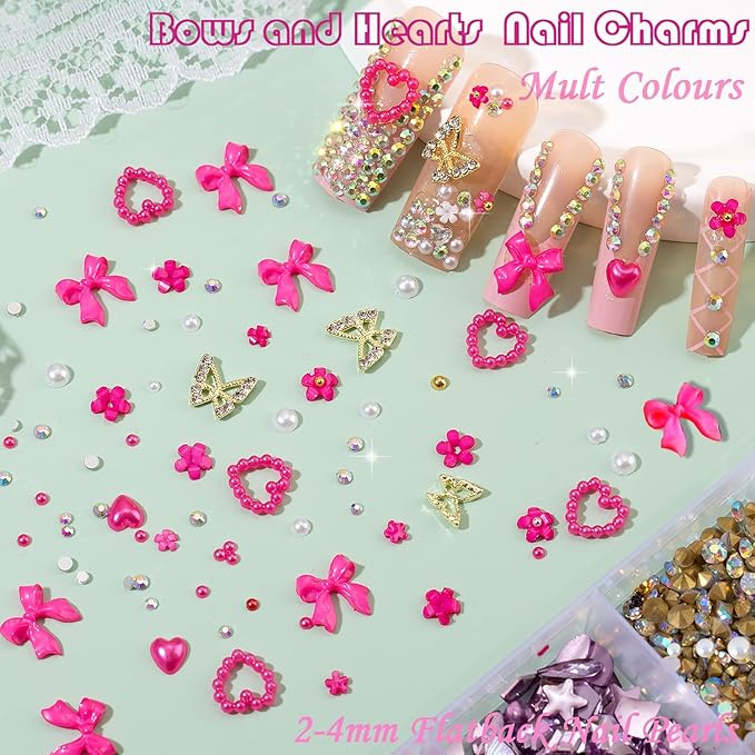 10000pcs Nail Charms and Gems:Pink Cute Bow Heart 3D Flower Charms for Junk Cases kit;Gold Chunky Butterfly Charms for Nails Design,nail jewels Diamond Rhinestones for Nails;Beads Pearls for Nails Art