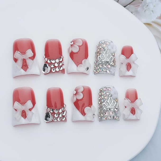 Handmade Press on Nails Short Duck 3D White French Tip with V Design 3D Bow Flower Rhinestones Charms Nude Base Elegant Sturdy Art Pink 10 Pcs False Nails Set (Soft Pink Ivory Bow,L)