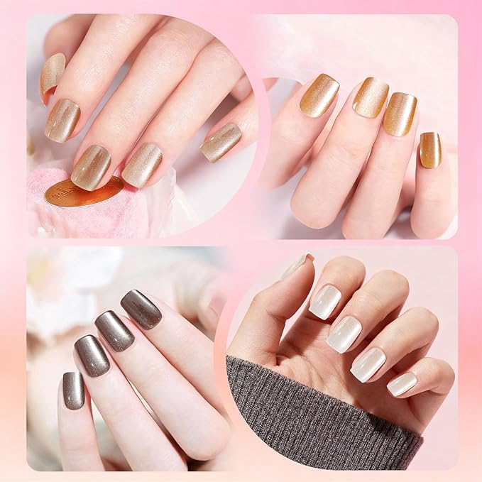 Allstarry Cat Eye Press on Nails, 15 Full Sizes Range Brown Cat Eye Nails Press Ons 4 Colors Cateye Presson Nail for Women 120pcs Glossy Short Square Fake Nail Tips Stick DIY Salon