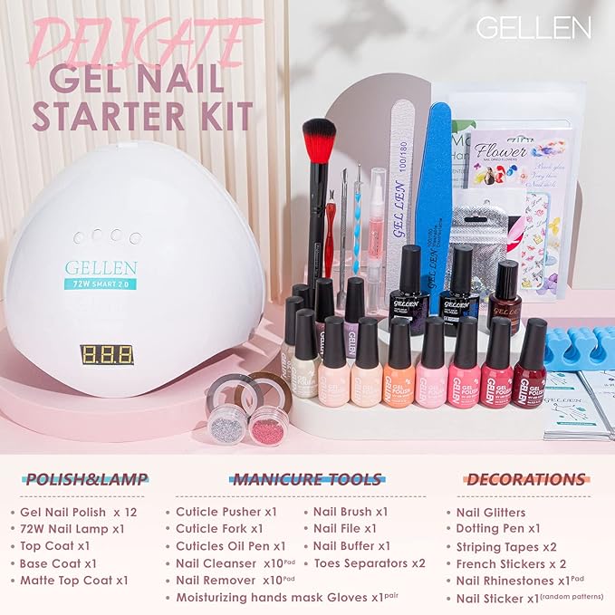 Gellen Gel Nail Polish Kit with U V LED Light 72W Nail Dryer, 12 Trendy Colors Nail Gel Polish, No Wipe Top Base Coat, Nail Art Decorations, Manicure Tools, All-In-One Manicure Kit, Bright and Pastels