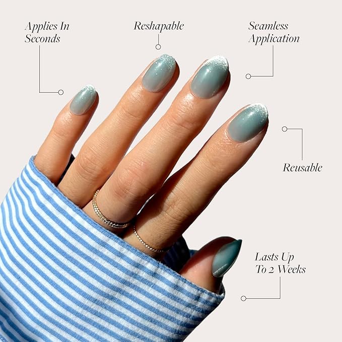 Glamnetic Press On Nails - Unicorn Tears Fake Nails | Short Oval, Misty-Grey Nails with a Mesmerizing Metallic Finish | 15 Sizes - 30 Nail Kit with Glue