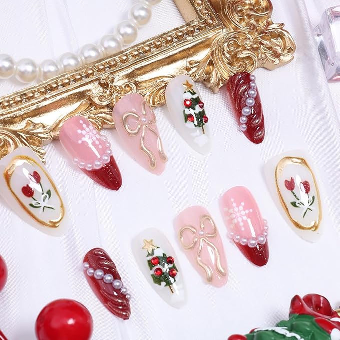 30Pcs Christmas Press on Nails Medium Almond French Tip Fake Nails Xmas Trees Flower False Nails with 3D Pearl Red Gems Gilding Bow Design Full Cover Glue on Nails Artificial Stick on Nail for Women