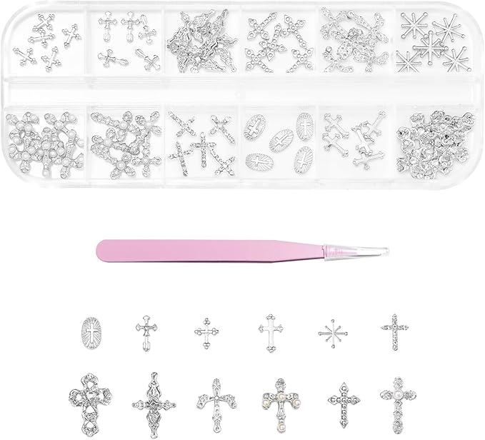 3D Cross Nail Charms for Nail Art, 60 Pcs Metal Crystal Cross Nail Decorations, Alloy Nail Studs and Rhinestones for Women Girl DIY Jewelry Crafts Supplies (Silver C)