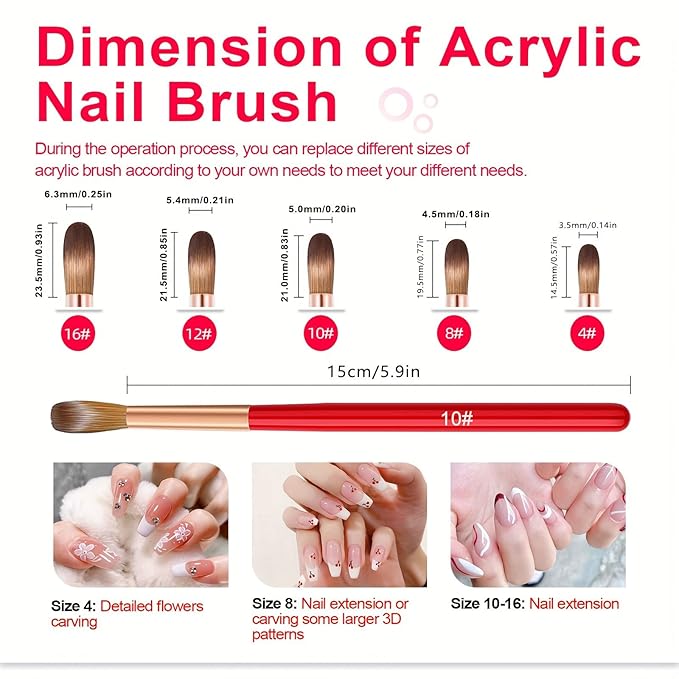 5PCS Acrylic Nail Brush Set,Professional Acrylic Nail Brushes Size 4# 8# 10# 12# 16# for Application Brushes for 3D Nail Art Extension Carving