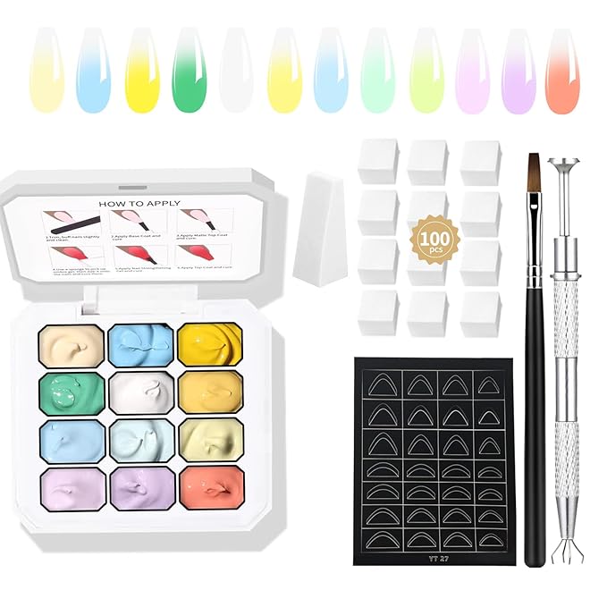 Pat Painting Gel Gradient Nail Art 12 color Ombre Nail Polish With 100pcs Nail Sponges & Grabbing Pen For Completion Of Painting Glue For Nail Art Complex Design (c1)