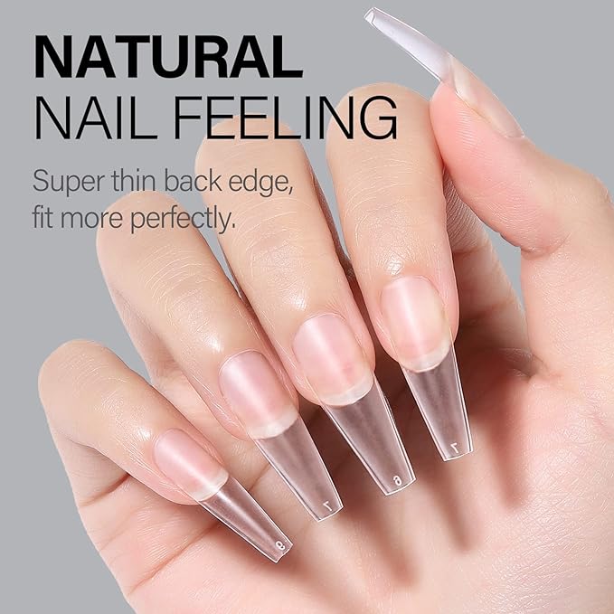 AILLSA Long Coffin Nail Tips - Upgraded Matte Soft Full Cover Gel Nails Tips No Filed, 240Pcs Pre-shaped Gelly Tips Acrylic Clear Fake Press On Nail Tip for Soak Off Nail Extension 10 Sizes