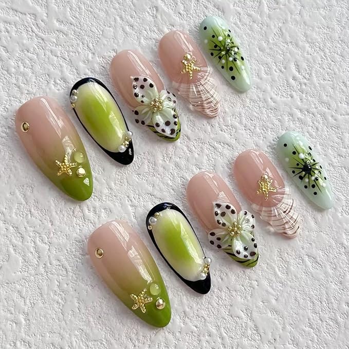 Handmade Press on Nails Medium Almond Nails 3D Green Floral Carved Press Ons Nails Nude Pink Fake Nails Press on Nail Glossy French Tip False Nails with Glue for Women Reusable Acrylic Nails (Size M)