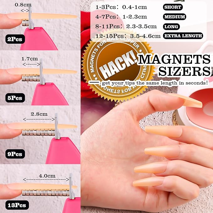Pink Adjustable Nail Clippers with Magnet Sizers for Acrylic Nails, Professional Stainless Steel Fake False Nail Tip Sharp Clipper Cutter Trimmer, Manicure Tool for Salon Home Nail Art