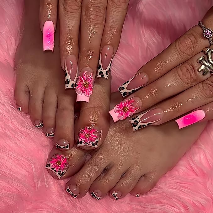 5D Flower Press on Toenails Long Square Press on Nails Leopard French Tips Fake Nails with 3D Floral Design Glossy Ombre Pink False Nails Reusable Summer False Toenails for Women Girls Manicure 48Pcs