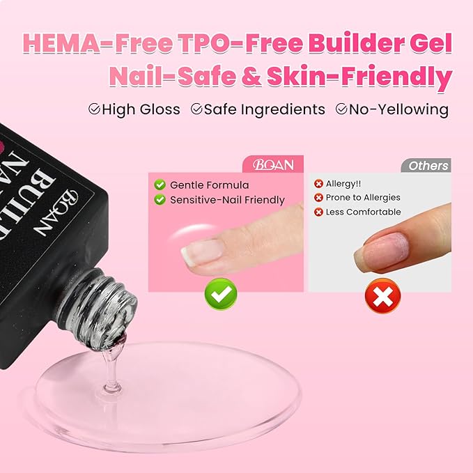 BQAN HEMA-Free Builder Gel, 7-in-1 Self-Leveling Nail Extension Gel with Base/Apex/Strengthener, Low Odor UV/LED Lamp Cured, 2Pcs Professional Nail Building System for Salon & Home (Clear & Nude Pink)