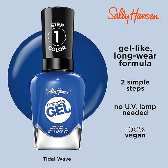 Sally Hansen Miracle Gel Salon Quality Nail Polish | Gel-Like Formula, Two-Step System, No UV Light Needed, Long Lasting | Opaque, Glossy | 619 Tidal Wave | Dark Blue Nail Polish