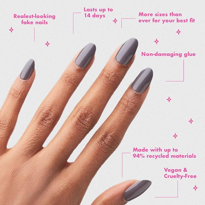 Olive & June Instant Mani Press-On Nails (Glue) | 42 Fake Nails, 21 Sizes | Non-Toxic, Long-Lasting Recycled Materials Realistic Look | Salon-Quality at Home | Medium, Oval | 100% Chance