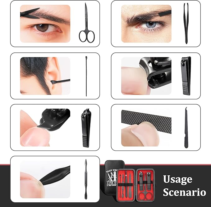 COSHAYSOO Personalized Mens Nail Grooming Kit 7 Pcs with Black Travel Case, Small Useful Funny Valentines Gifts for Coworker Male Manicure Set Nail Clipper Fingernail Care Tools