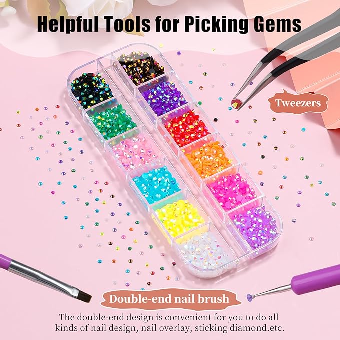 3D Mini Small Metal Stainless Steel Caviar Nail Beads Balls, 0.8-3mm Gold Silver Alloy Nail Art Chain Charms Studs with Tweezers and Dual-end Brush (9-K1-3mm-jelly)