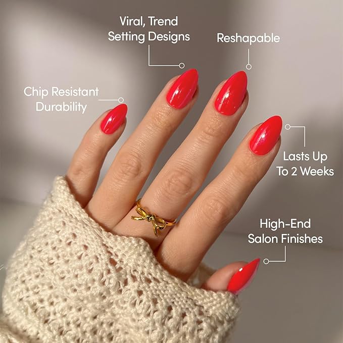 Valentines Day Glamnetic Press On Nails - Red Flag | Short Almond Fake Nails in Vibrant Bright Red Hue with a Glazed Finish, Salon Quality | 15 Sizes - 30 Nail Kit with Glue