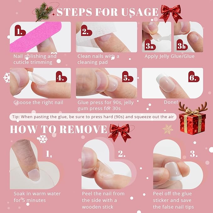 Press On Nails Almond - Jofay Fashion Pink Snowflake Glitter Press On Nails, Glossy Acrylic Fake Nails with Glue for Women, Reusable Winter Glue On Nails in 16 Sizes - 32 Stick On Nails Kit